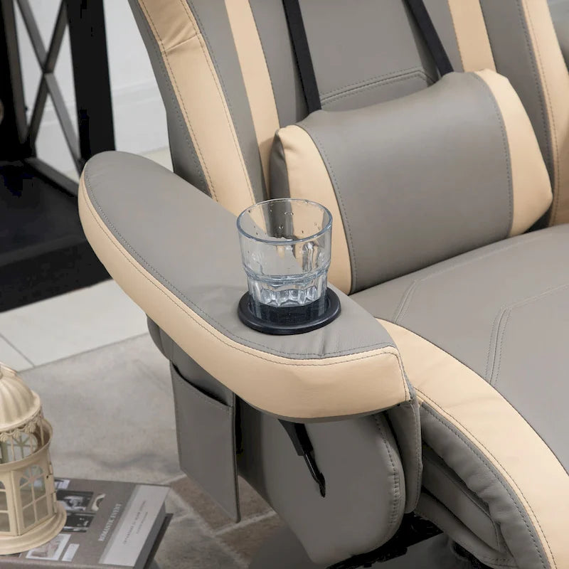 PU Leather Swivel Recliner Armchair with Adjustable Footrest & Cup Holder