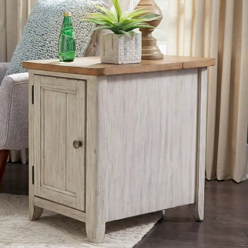 Farmhouse Chair Side Table with Built-In Charging Station & Cabinet Door