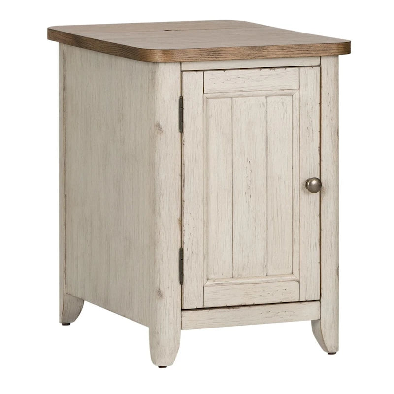 Farmhouse Chair Side Table with Built-In Charging Station & Cabinet Door
