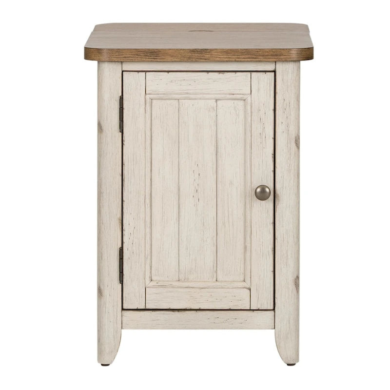 Farmhouse Chair Side Table with Built-In Charging Station & Cabinet Door