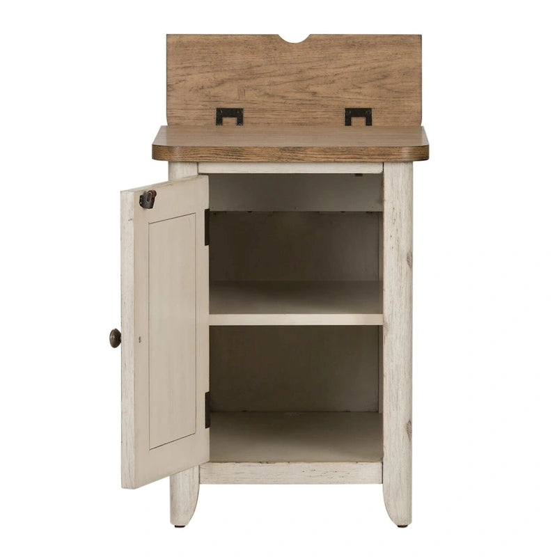 Farmhouse Chair Side Table with Built-In Charging Station & Cabinet Door