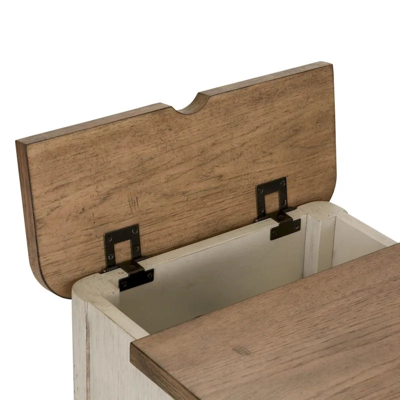 Farmhouse Chair Side Table with Built-In Charging Station & Cabinet Door