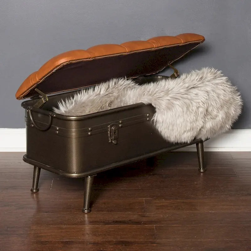 River of Goods Tan Tufted Faux Leather and Distressed Metal 17-inch High Storage Bench