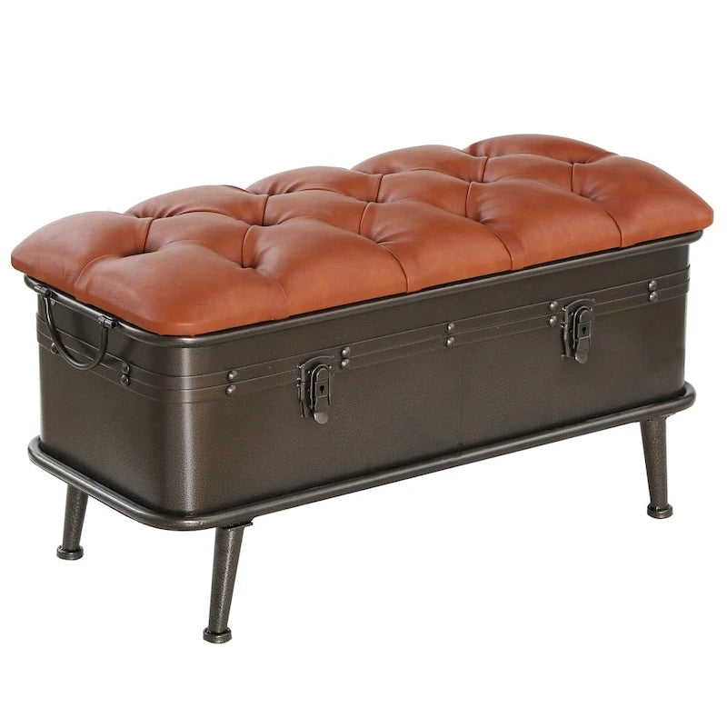 Tufted Faux Leather Storage Bench with Distressed Metal Legs