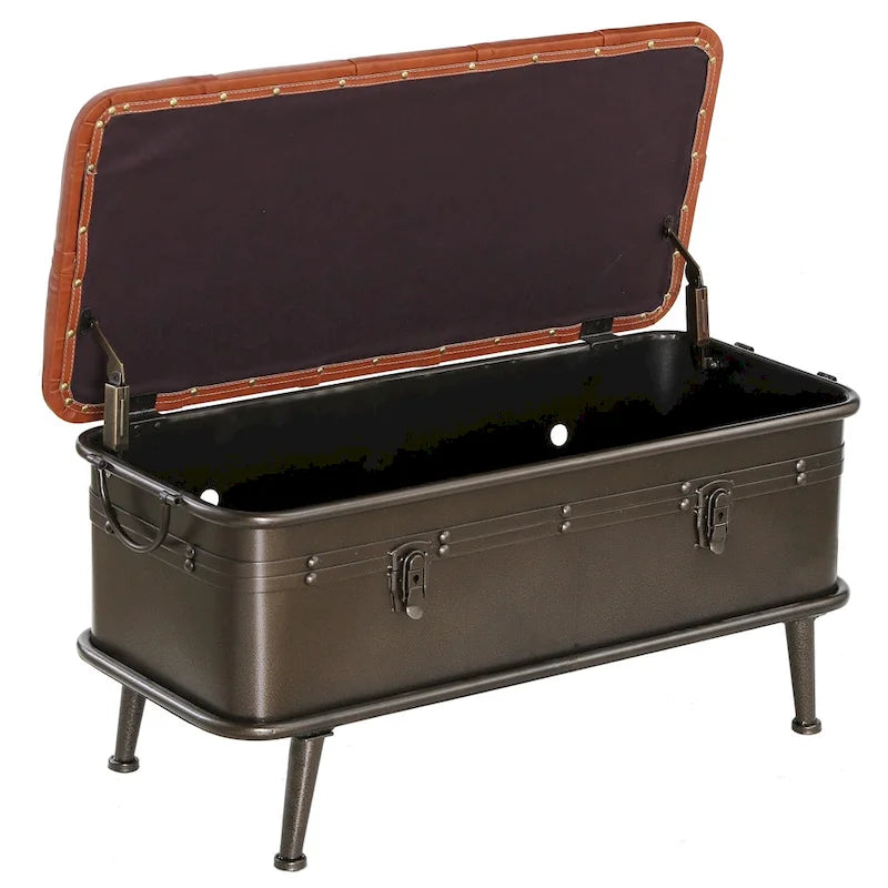 Tufted Faux Leather Storage Bench with Distressed Metal Legs