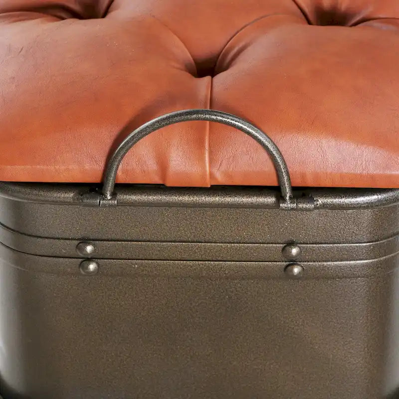 Tufted Faux Leather Storage Bench with Distressed Metal Legs