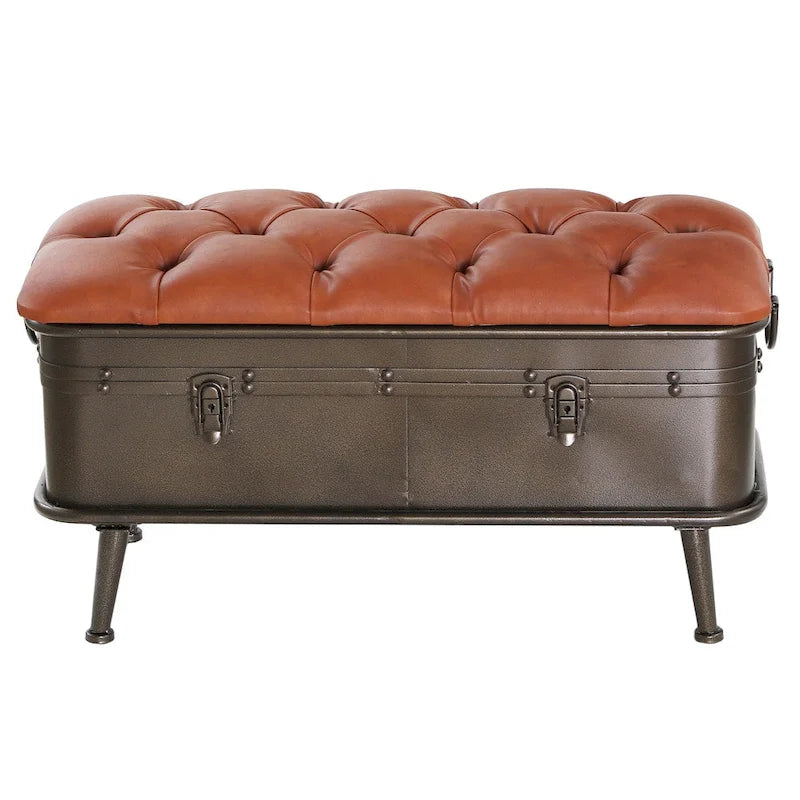 Tufted Faux Leather Storage Bench with Distressed Metal Legs