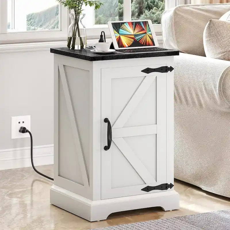 Farmhouse End Table with Charging Station, 2 USB Ports & 2 Power Outlets