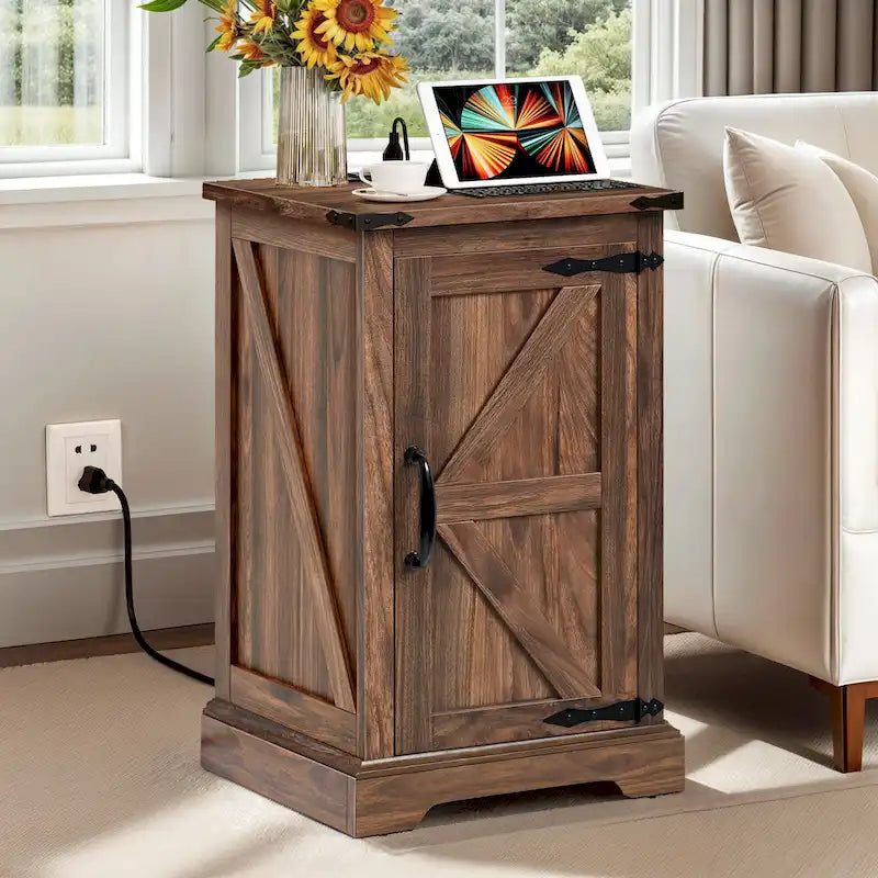 Farmhouse End Table with Charging Station, 2 USB Ports & 2 Power Outlets