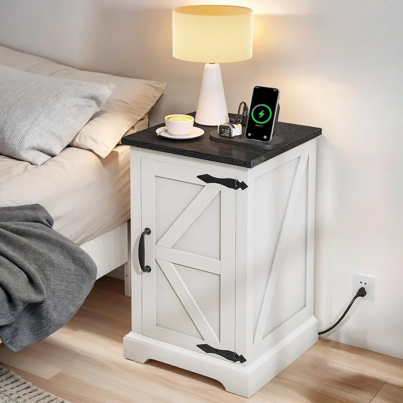 Farmhouse End Table with Charging Station, 2 USB Ports & 2 Power Outlets