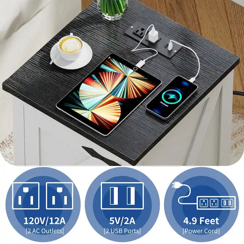Farmhouse End Table with Charging Station, 2 USB Ports & 2 Power Outlets