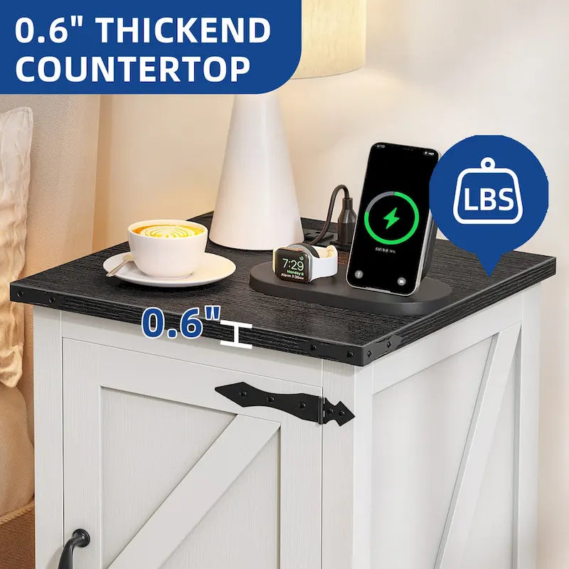 Farmhouse End Table with Charging Station, 2 USB Ports & 2 Power Outlets