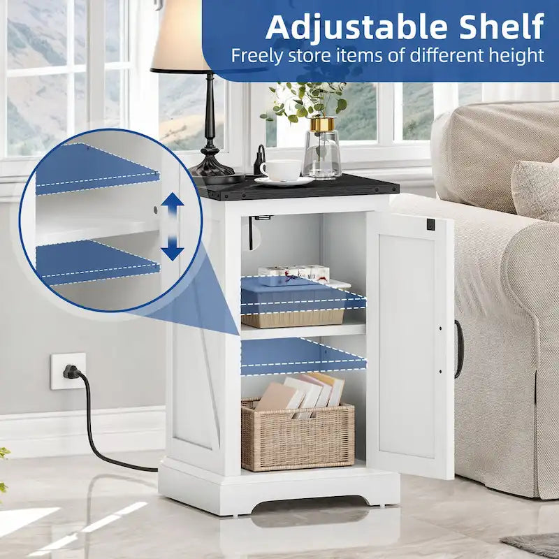 Farmhouse End Table with Charging Station, 2 USB Ports & 2 Power Outlets