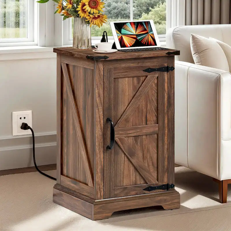 Farmhouse End Table with Charging Station, 2 USB Ports & 2 Power Outlets