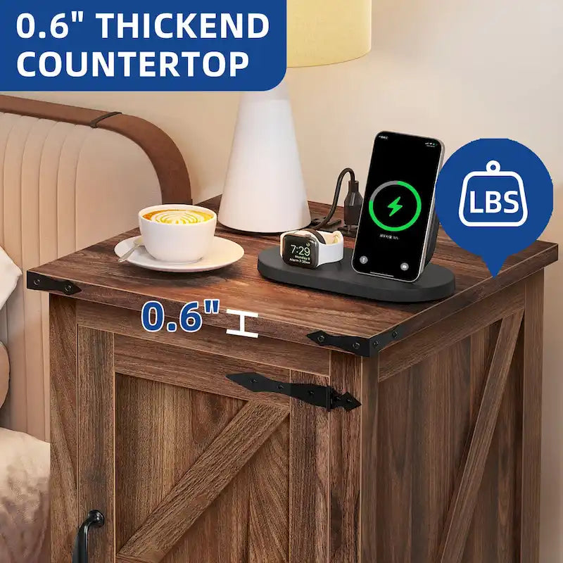Farmhouse End Table with Charging Station, 2 USB Ports & 2 Power Outlets