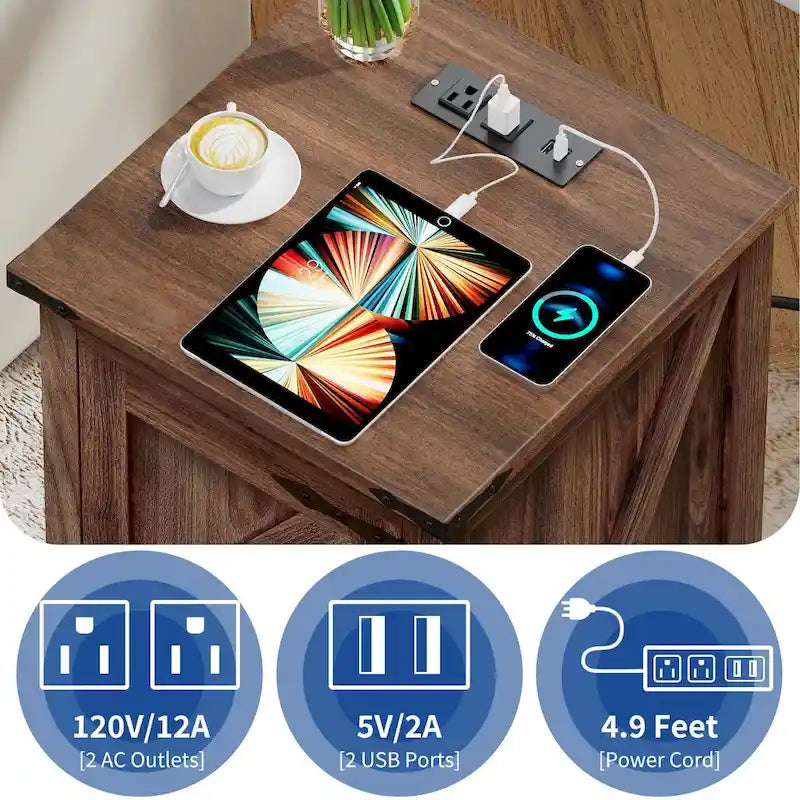 Farmhouse End Table with Charging Station, 2 USB Ports & 2 Power Outlets