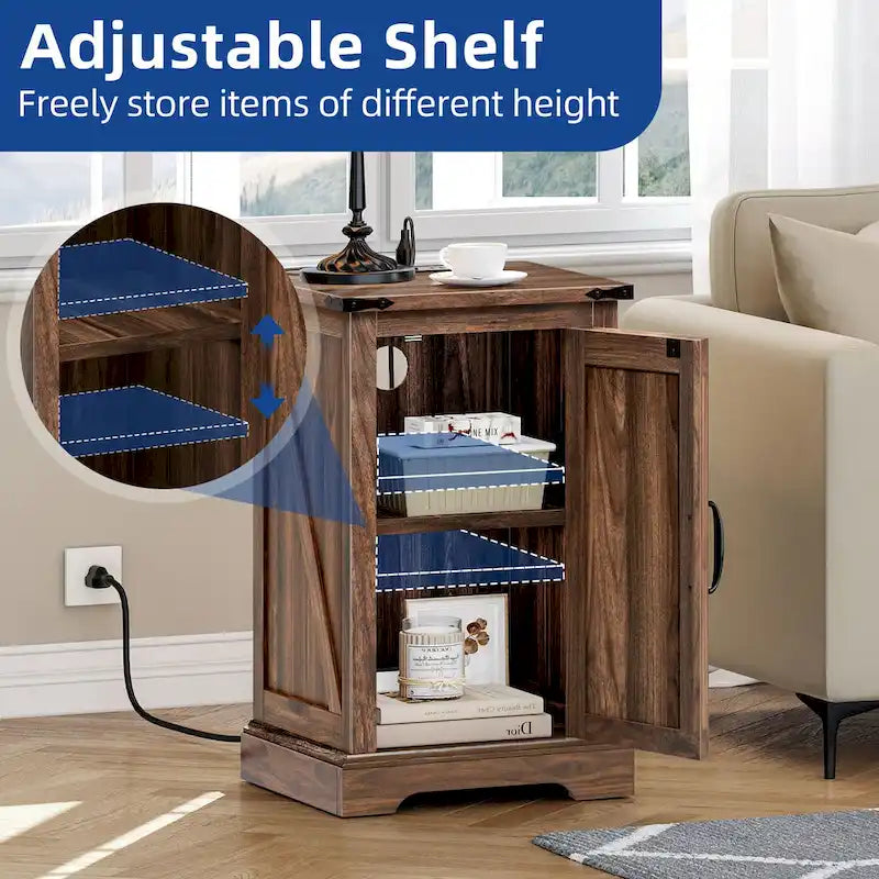 Farmhouse End Table with Charging Station, 2 USB Ports & 2 Power Outlets