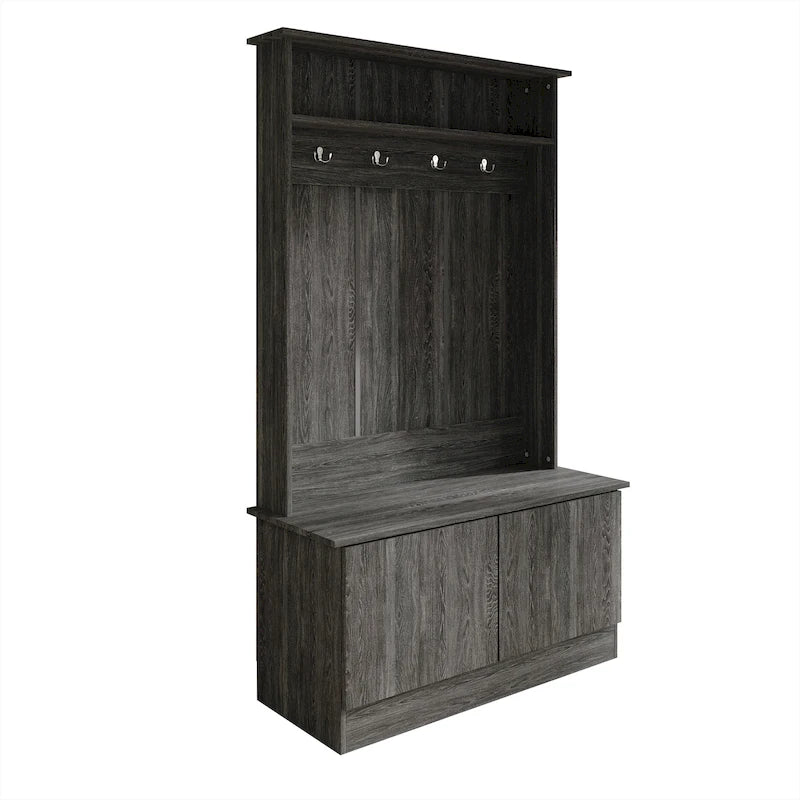 Entryway Hall Tree with Bench, Double Hooks & Cabinet Doors