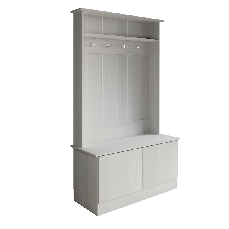 Entryway Hall Tree with Bench, Double Hooks & Cabinet Doors