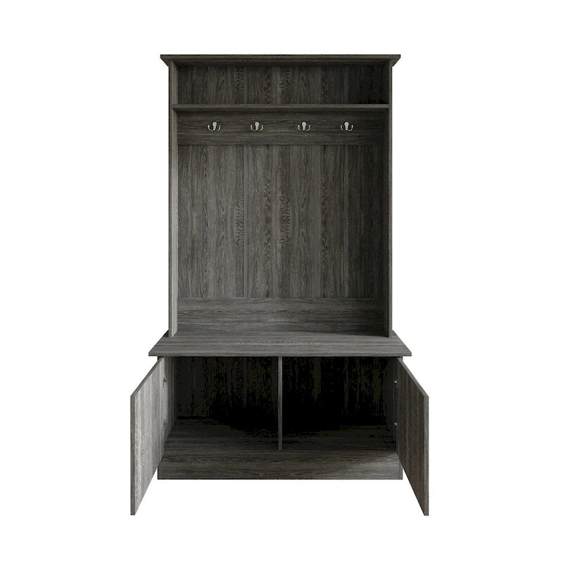 Entryway Hall Tree with Bench, Double Hooks & Cabinet Doors
