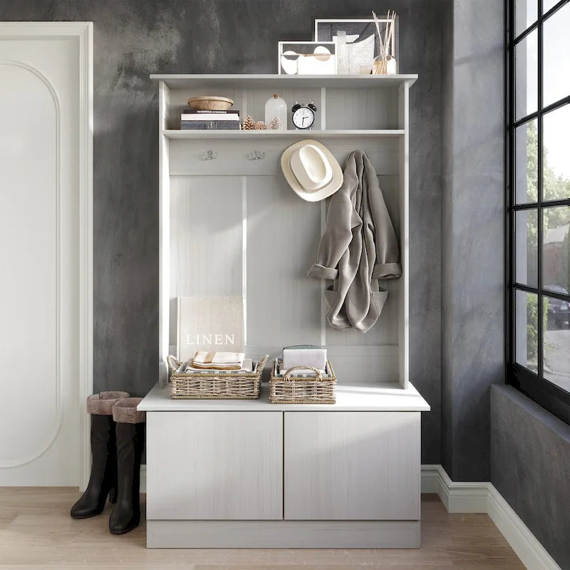 Entryway Hall Tree with Bench, Double Hooks & Cabinet Doors