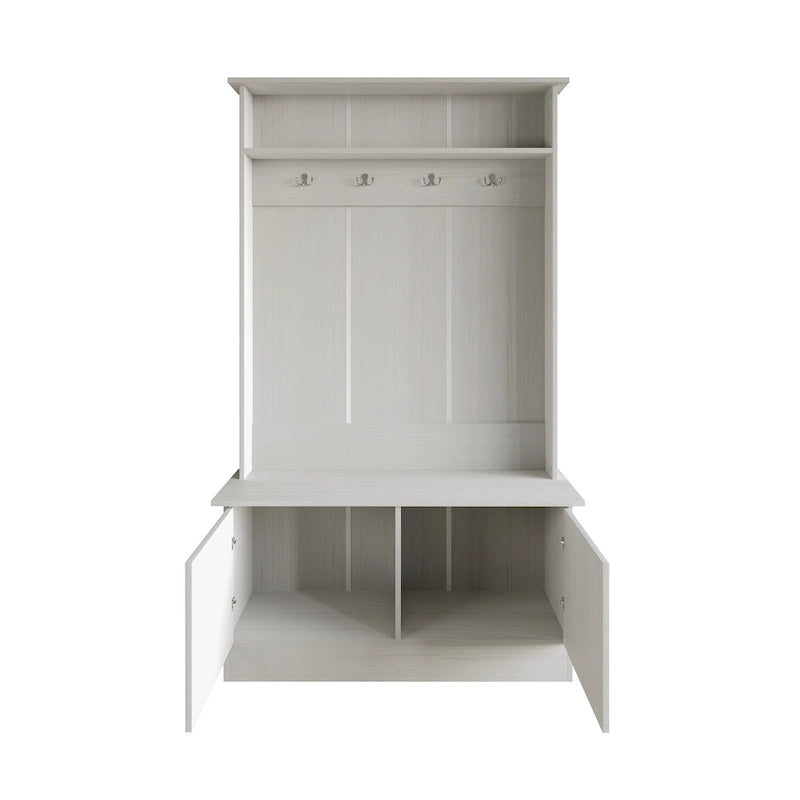 Entryway Hall Tree with Bench, Double Hooks & Cabinet Doors