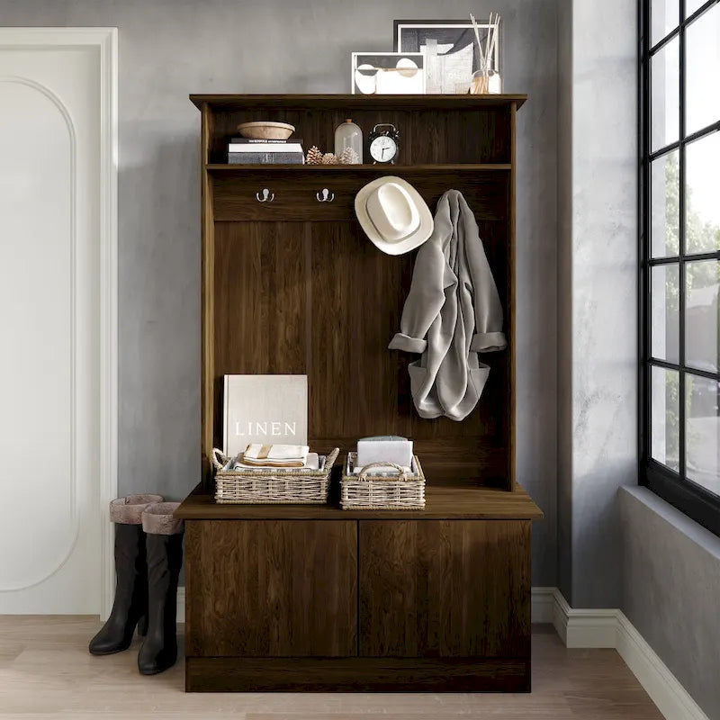 Entryway Hall Tree with Bench, Double Hooks & Cabinet Doors