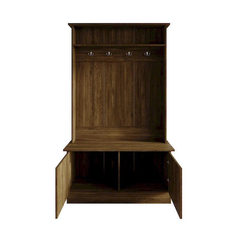 Entryway Hall Tree with Bench, Double Hooks & Cabinet Doors