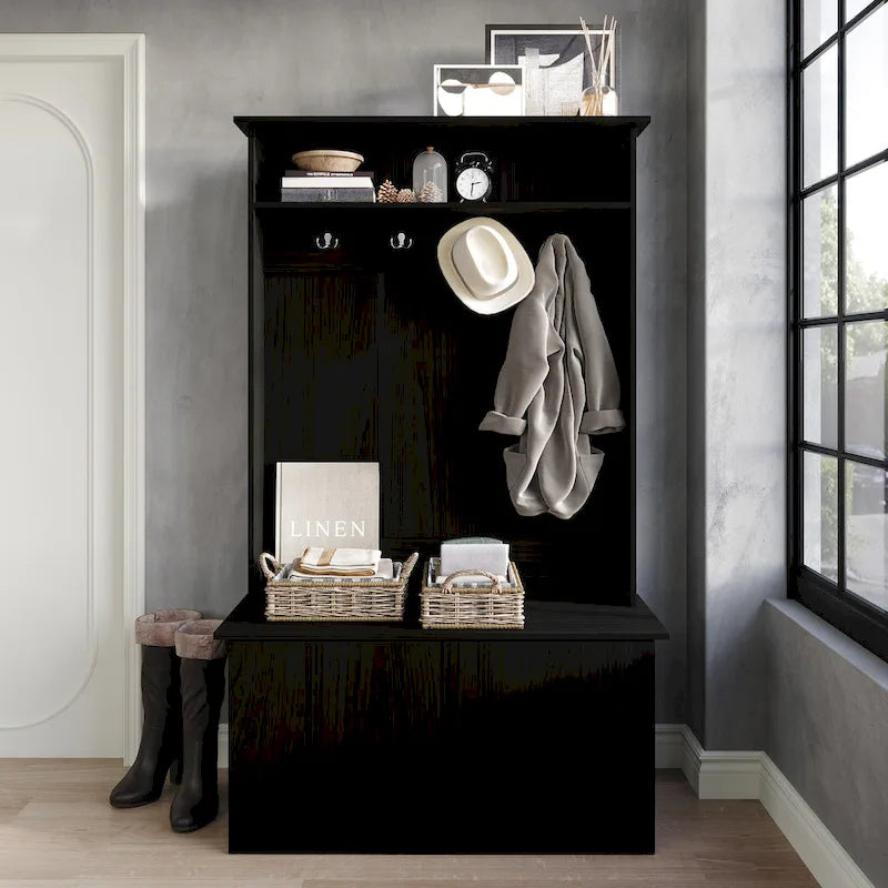 Entryway Hall Tree with Bench, Double Hooks & Cabinet Doors