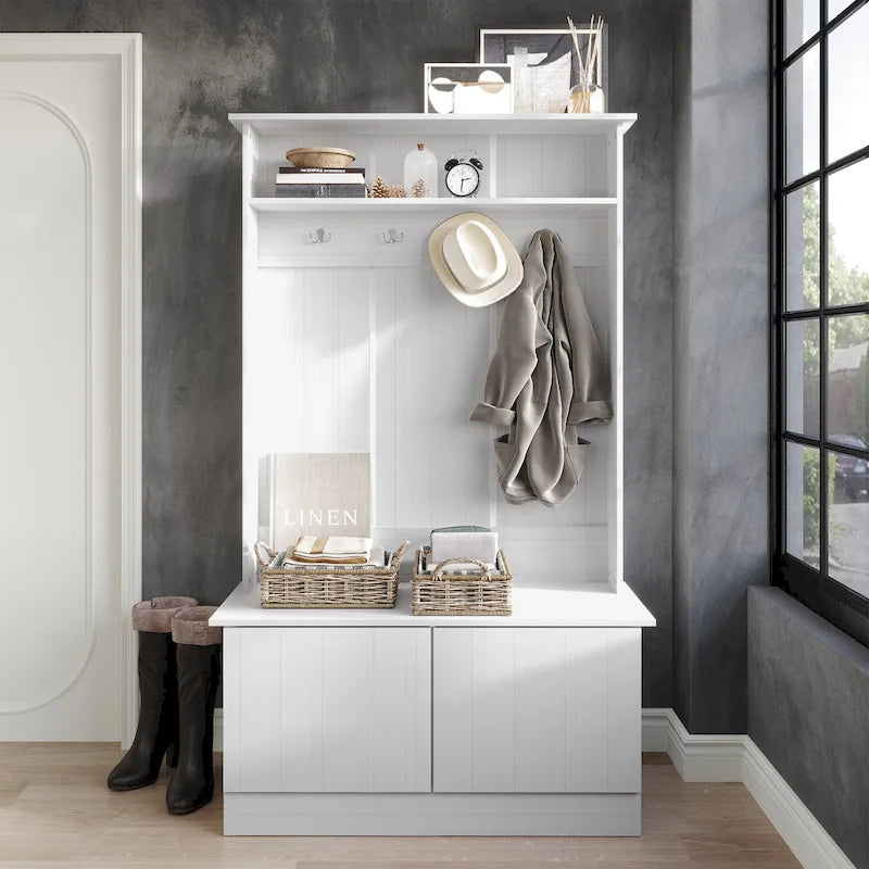 Entryway Hall Tree with Bench, Double Hooks & Cabinet Doors