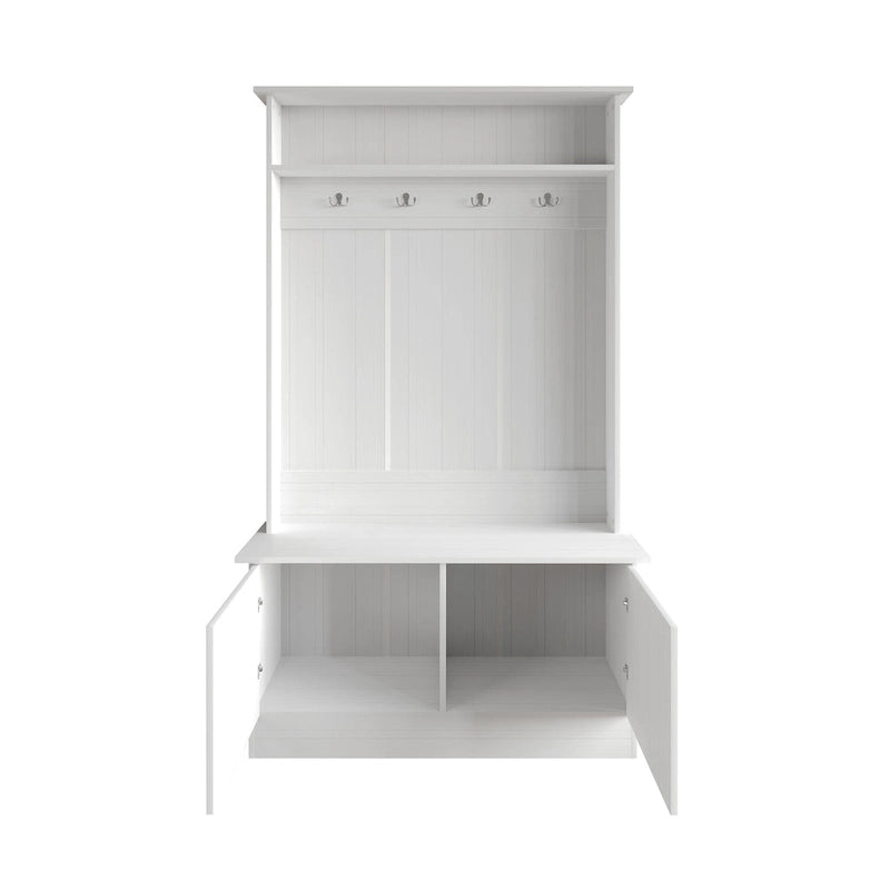Entryway Hall Tree with Bench, Double Hooks & Cabinet Doors