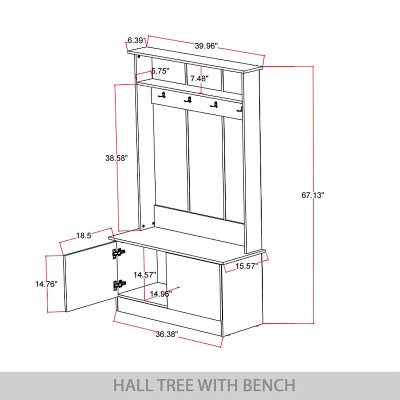 Entryway Hall Tree with Bench, Double Hooks & Cabinet Doors