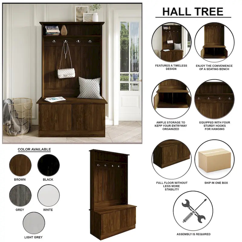 Entryway Hall Tree with Bench, Double Hooks & Cabinet Doors