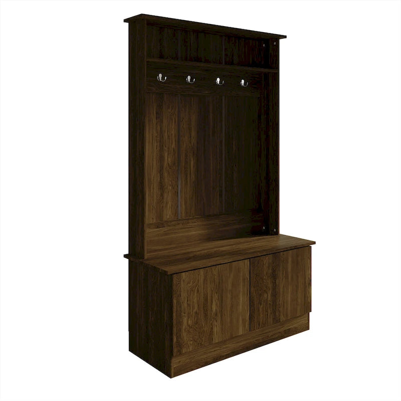 Entryway Hall Tree with Bench, Double Hooks & Cabinet Doors