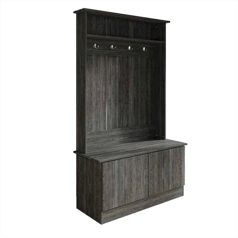 Entryway Hall Tree with Bench, Double Hooks & Cabinet Doors