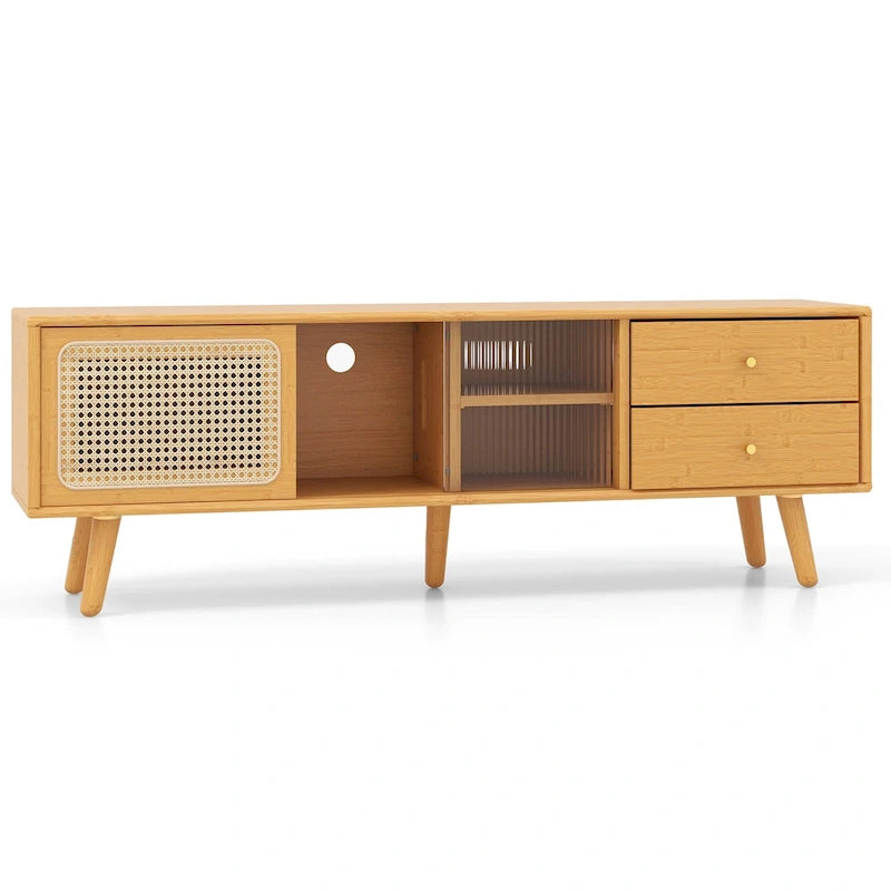 Bamboo TV Stand with Rattan & Glass Doors, 2 Drawers & Adjustable Shelf