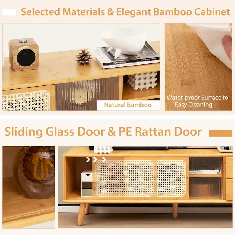 Bamboo TV Stand with Rattan & Glass Doors, 2 Drawers & Adjustable Shelf