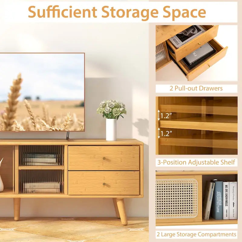 Bamboo TV Stand with Rattan & Glass Doors, 2 Drawers & Adjustable Shelf