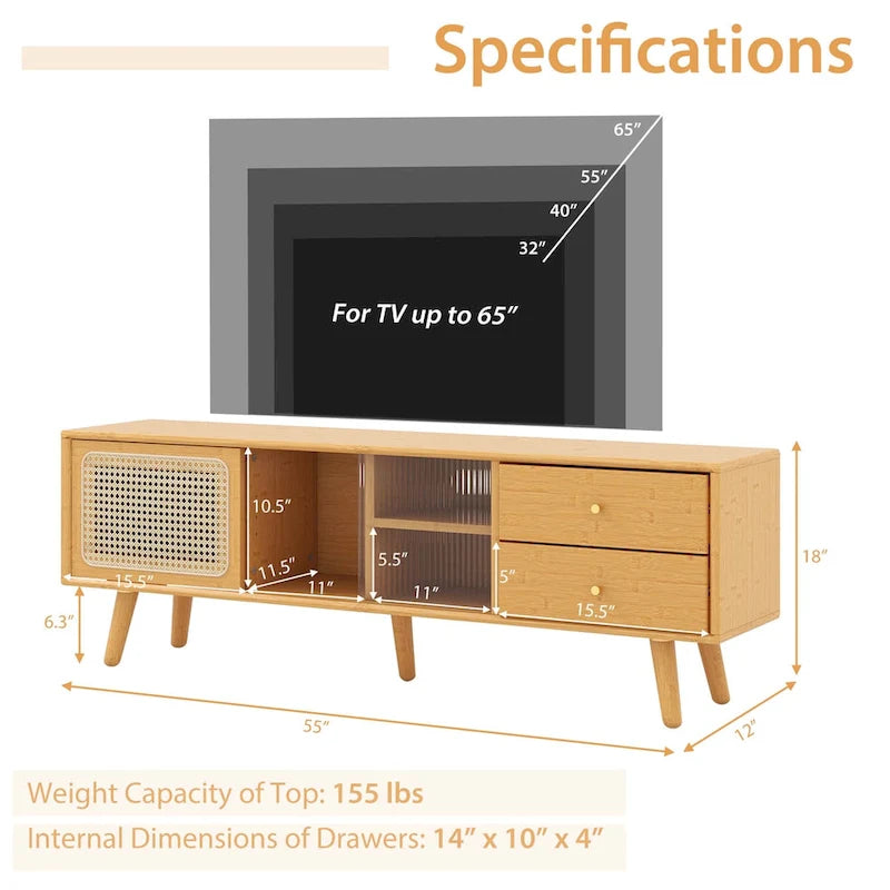 Bamboo TV Stand with Rattan & Glass Doors, 2 Drawers & Adjustable Shelf