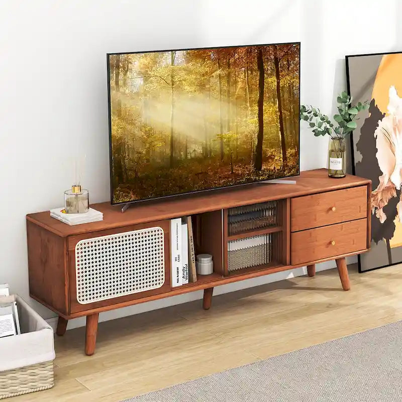 Bamboo TV Stand with Rattan & Glass Doors, 2 Drawers & Adjustable Shelf