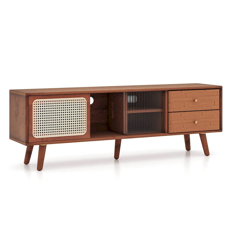 Bamboo TV Stand with Rattan & Glass Doors, 2 Drawers & Adjustable Shelf
