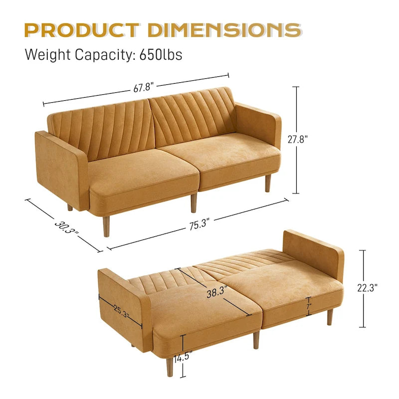 3-Seat Convertible Futon Sofa Bed with Adjustable Backrest