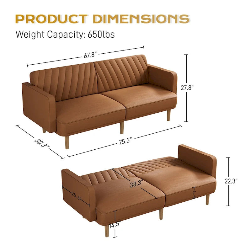 3-Seat Convertible Futon Sofa Bed with Adjustable Backrest