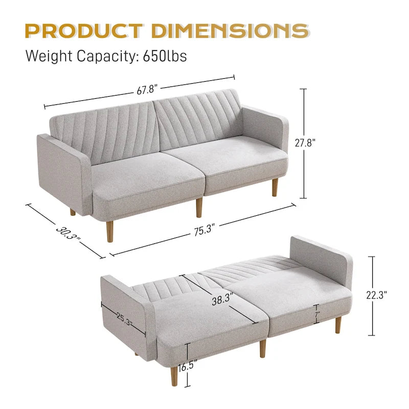 3-Seat Convertible Futon Sofa Bed with Adjustable Backrest