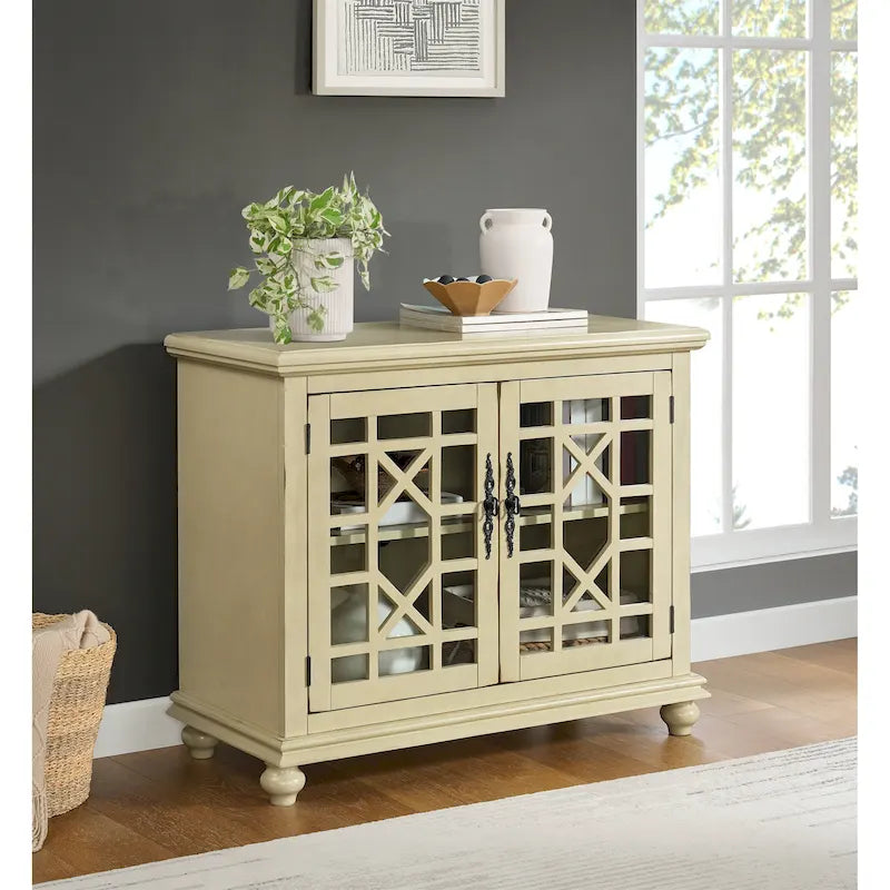 Traditional TV Stand with Trellis Glass Doors & Antique Finish