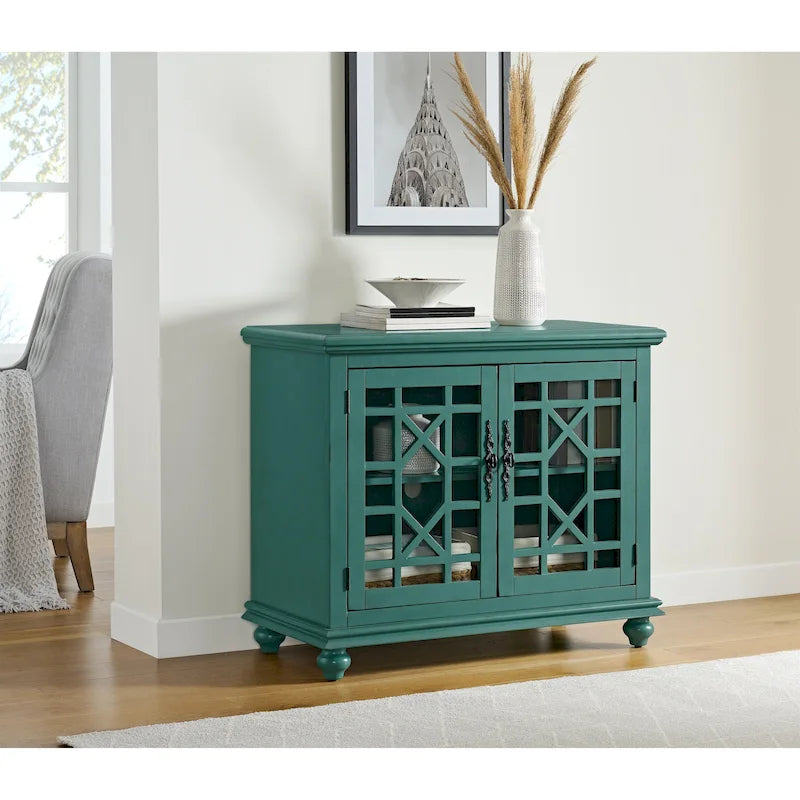Traditional TV Stand with Trellis Glass Doors & Antique Finish
