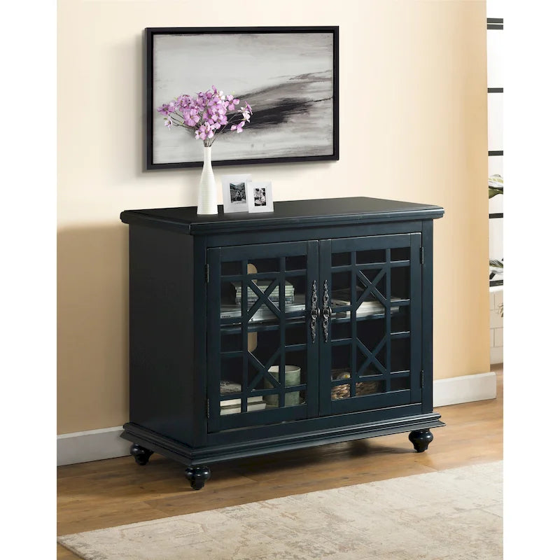 Traditional TV Stand with Trellis Glass Doors & Antique Finish
