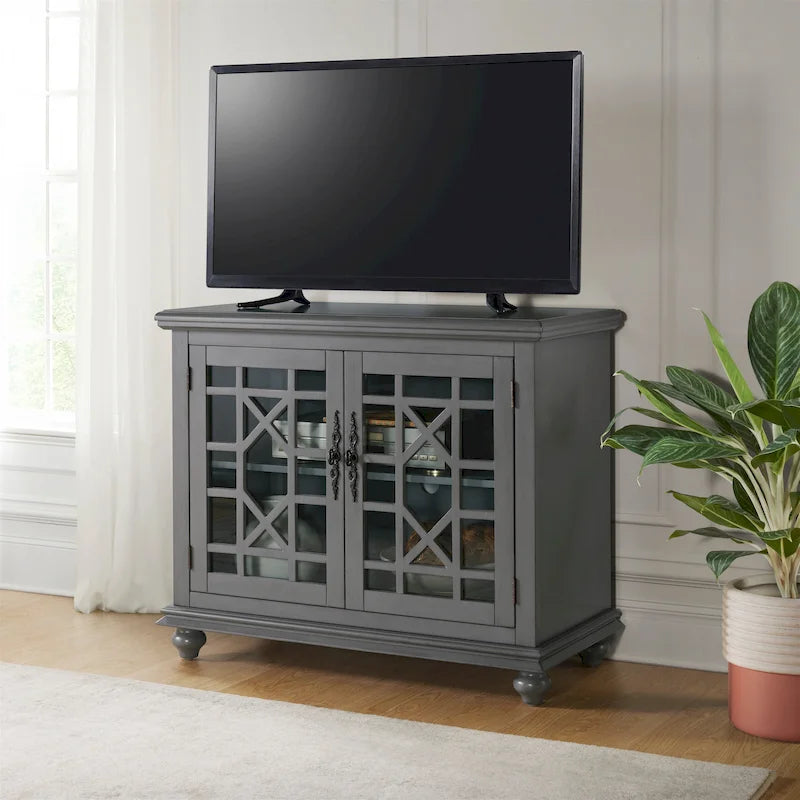 Traditional TV Stand with Trellis Glass Doors & Antique Finish