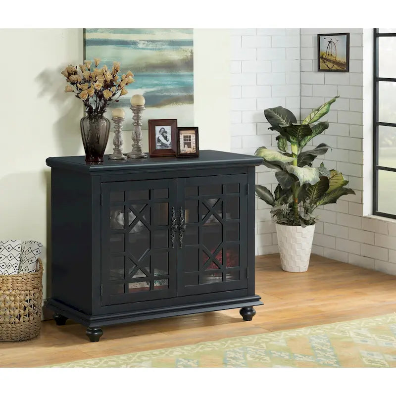Traditional TV Stand with Trellis Glass Doors & Antique Finish