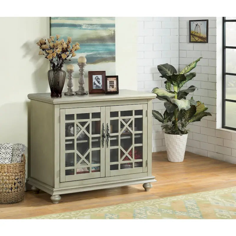 Traditional TV Stand with Trellis Glass Doors & Antique Finish